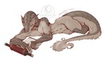 anthro claws female fluffy fluffy_tail lying nude reading scroll simple_background solo tail kredri lizard reptile scalie hi_res