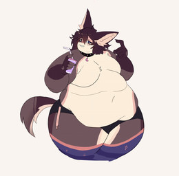 anthro belly belly_overhang belly_play belly_rolls big_belly bodily_fluids clothed clothing collar deep_navel embarrassed fat_arms fat_rolls femboy hand_on_belly huge_thighs legwear love_handles male moobs navel obese obese_anthro obese_male overweight overweight_anthro overweight_male solo sweat sweatdrop tail tail_motion tailwag thick_thighs thigh_highs topless topless_male wide_hips wobbling_belly monomyoo canid canine canis domestic_dog mammal animated animated_gif frame_by_frame hi_res short_playtime