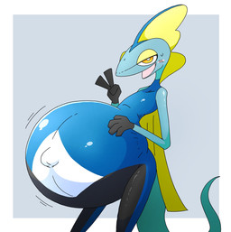 ambiguous_gender anthro belly belly_expansion big_belly black_body blue_body blue_tail blush bodily_fluids expansion gesture hand_gesture hand_on_belly hand_on_own_belly huge_belly inflation looking_at_viewer motion_lines multicolored_body navel open_mouth open_smile outie_navel pink_mouth smile smiling_at_viewer solo sweat sweatdrop tail three-quarter_view v_sign white_body yellow_eyelids yellow_eyes hage nintendo pokemon generation_8_pokemon inteleon lizard pokemon_(species) reptile scalie 2025 cel_shading colored digital_media_(artwork) hi_res japanese_description portrait shaded three-quarter_portrait