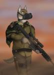 5_fingers anthro apocalypse army athletic athletic_anthro athletic_male barrett_m82 belt brown_body brown_fur camo clothing fingers front_view fur gas_mask gun holding_object holding_ranged_weapon holding_sniper_rifle holding_weapon knife leg_strap male mask military multicolored_body multicolored_fur poncho ranged_weapon rifle scabbard scope sniper sniper_rifle snout soldier solo sundown tail trigger_discipline two_tone_body two_tone_fur warrior weapon white_body white_fur white_tail yellow_eyes darkforest canid canine canis coyote domestic_dog mammal