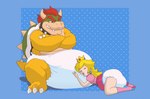 anthro big_diaper clean_diaper clothed clothing collar crossed_arms diaper diaper_on_face duo eyes_closed female footwear grin male napping shell simple_background sitting smile socks sound_effects spiked_collar spiked_shell spikes spikes_(anatomy) wearing_diaper poofypludo mario_bros nintendo bowser princess_peach human koopa mammal scalie digital_media_(artwork) hi_res