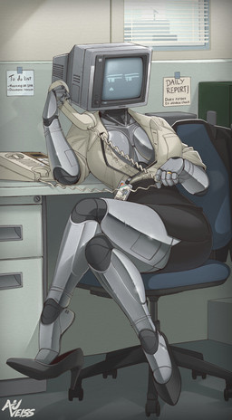 big_breasts biped breasts chair clothed clothing detailed_background electronics exclamation_point female fingers footwear for_a_head furniture high_heels id_tag landline_phone machine office office_chair office_clothing phone pose ring screen screen_face shadow shoes sitting solo text auveiss humanoid object_head robot screen_head 2026 absurd_res english_text hi_res