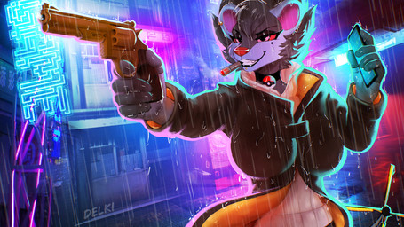 anthro breasts choker cigarette cigarette_in_mouth clothed clothing cyberpunk electronics female gun jewelry necklace object_in_mouth phone piercing raining ranged_weapon smile smirk smoking solo weapon delki nintendo pokemon veronica_mooringstar generation_4_pokemon luxray pokemon_(species) 16:9 2026 hi_res widescreen