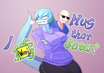 annoyed anthro arm_under_breasts bald big_breasts black_bottomwear black_clothing black_pants blue_clothing blue_hoodie blue_topwear bodily_fluids bottomwear breasts breath canon_couple clothed clothed_anthro clothed_female clothed_human clothed_male clothing crossed_arms duo eyes_closed female fingers freckled_face freckles front_view green_body green_hair hair head_turned hoodie human_on_anthro humanoid_hands interspecies male male/female nervous nervous_smile non-mammal_breasts pants pink_background pouting purple_clothing purple_hoodie purple_topwear pursed_lips short_hair simple_background sweat sweatdrop tail text title topwear alexsavenije cavemanon_studios i_wani_hug_that_gator inco_(iwhtg) olivia_halford baryonyx dinosaur human mammal prehistoric_species reptile saurischian scalie spinosaurid theropod absurd_res colored english_text hi_res shaded
