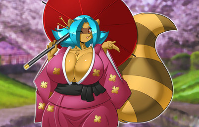 anthro asian_clothing big_breasts biped blue_hair breasts cherry_blossom cleavage clothed clothing east_asian_clothing female flower fur hair huge_breasts japan japanese_clothing kimono one_eye_closed plant prunus_(flower) red_eyes solo tan_body tan_fur umbrella wink mastergodai futschiko canid canine mammal raccoon_dog tanuki colored