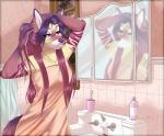 5_fingers anthro detailed_background female fingers hair mirror purple_eyes purple_hair smile solo towel towel_only ariveil fox_(ragingphxp) canid canine mammal 2018 digital_media_(artwork)