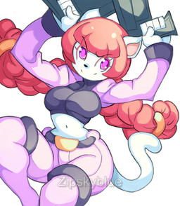anthro braided_hair female fur gun hair holding_object holding_weapon midriff ranged_weapon red_hair smile solo tail weapon white_body white_fur zipskyblue kyoko_(zipskyblue) felid feline mammal hi_res