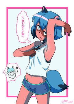 anthro biped black_nose blue_body blue_eyes blue_hair bodily_fluids bottomwear brown_body brown_fur clothed clothing dipstick_tail dolphin_shorts female fluffy fluffy_tail fur hair jacket kemono markings musk navel open_mouth shirt shorts smelly solo sweat tail tail_markings tank_top text thought_bubble topwear translucent translucent_hair white_body white_fur coffeenougat brand_new_animal studio_trigger michiru_kagemori canid canine mammal raccoon_dog tanuki 2020 absurd_res hi_res japanese_text portrait three-quarter_portrait translation_check translation_request