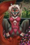 anthro biped blonde_hair canid canine canis clothed clothing deer detailed_background female fluffy fluffy_tail hair hooves hybrid looking_at_viewer mammal orange_eyes sitting smile solo spread_legs spreading tail text tril-mizzrim url wide_hips wolf