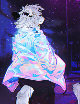 anthro biped black_bottomwear black_clothing black_pants blue_eyes bottomwear building clothing earbuds electronics fur headphones jacket male mane outside pants pink_nose public solo topwear whiskers white_body white_fur white_mane majmajor felid lion mammal pantherine 2025 digital_media_(artwork) hi_res