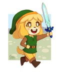 anthro blonde_hair blush clothing cosplay crossover_cosplay female floppy_ears footwear green_clothing green_hat green_headwear hair hat headgear headwear holding_melee_weapon holding_object holding_sword holding_weapon master_sword melee_weapon open_mouth open_smile pointy_hat simple_background smile solo sword text weapon daisyein animal_crossing nintendo the_legend_of_zelda isabelle_(animal_crossing) link canid canine canis domestic_dog mammal 2016 crossover signature url