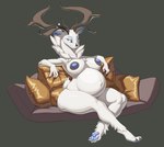 4_fingers 4_toes 8_horns anthro antlers big_breasts big_butt black_claws black_nose black_sclera black_toe_claws blue_eyeshadow blue_inner_ear blue_lips blue_pawpads breasts brown_antlers brown_background butt claws crossed_legs eyelashes eyeshadow feet female female_anthro fingers fur furniture half-closed_eyes horn linea_nigra lips long_eyelashes looking_at_viewer makeup multi_horn narrowed_eyes navel neutral_expression nude nude_anthro nude_female on_sofa outie_navel pasties pawpads pillow pointy_ears pregnant pregnant_anthro pregnant_female ruff scut_tail short_tail simple_background sitting sitting_on_sofa slim slim_anthro slim_female sofa solo tail thick_thighs toe_claws toes ventral_groove white_body white_eyes white_fur wide_hipped_anthro wide_hipped_female pata deer mammal species_request 2025 chinese_description digital_drawing_(artwork) digital_media_(artwork) full-length_portrait hi_res portrait