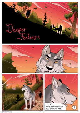 ambiguous_feral ambiguous_gender dialogue digitigrade duo feral quadruped papupaws arne_(papupaws) ivy_(papupaws) canid canine canis coyote mammal wolf comic hi_res female_(lore) male_(lore)