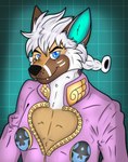 anthro cleavage_cutout cosplay cutout geometric_background grid_background hair male pattern_background simple_background solo white_hair feroxart jojo's_bizarre_adventure giorno_giovanna canid canine canis mammal wolf absurd_res bust_portrait hi_res portrait