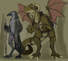 anthro avian_feet beak bridle darkened_genitalia dragonshoard duo feet feral flaccid genitals horn male membrane_(anatomy) membranous_wings mount mount/rider_relations nude penis reins saddle standing tail talons toes wings narse mythology avian bird corvid corvus_(genus) crow dragon mythological_creature mythological_scalie oscine passerine scalie 2012 comic sketch