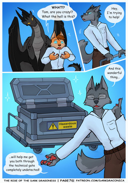 anthro belt black_body black_scales blue_eyes bottomwear box clothed clothing collared_shirt container dialogue dress_shirt eyes_closed eyewear female feral fur glasses grey_body grey_fur group head_tilt long_neck male membrane_(anatomy) membranous_wings metal_box open_mouth open_smile orange_body page_number pants pawpads pupils raised_finger rectangular_glasses scales shirt shocked slit_pupils smile sparkles speech_bubble tail text topwear trio trolley ventral_scales wings yellow_eyes darkdraconica european_mythology mythology darky_(darkdraconica) dave_(darkdraconica) tom_(darkdraconica) canid canine canis dragon fox mammal mythological_creature mythological_scalie scalie western_dragon wolf absurd_res comic english_text hi_res url
