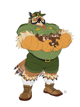 anthro badge belly belt boots bottomwear bulge camp_counselor clothing eye_scar facial_scar feathers footwear fungus hat headgear headwear holding_mushroom long_socks male mushroom scar scout_leader shoes shorts simple_background smile solo tail tail_feathers uniform bobby_lontra lox_oleum avian bird great_horned_owl horned_owl owl true_owl