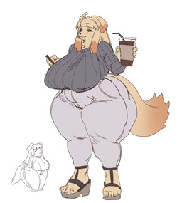 anthro beverage big_breasts bottomwear breasts clothed clothed_anthro clothed_female clothing container cup curvy_figure denim denim_bottomwear denim_clothing drinking_straw fangs feet female female_anthro fingers footwear front_view fur green_eyes grey_bottomwear grey_clothing grey_jeans grey_pants grey_sweater grey_topwear hair hands_together heart_symbol holding_beverage holding_container holding_cup holding_object huge_breasts huge_thighs jeans looking_at_viewer mouth_closed nipple_outline overweight overweight_anthro overweight_female pants shoes simple_background smile solo sweater tail tan_body tan_fur teeth thick_thighs toes topwear voluptuous voluptuous_anthro voluptuous_female white_background wide_hips gyrbdark canid canine canis domestic_dog mammal 2025 absurd_res colored digital_drawing_(artwork) digital_media_(artwork) full-length_portrait hi_res portrait