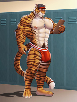 4_toes 5_fingers abs anthro armpit_hair athletic barefoot baseball_cap beard belly biceps big_muscles biped body_hair brown_body brown_fur brown_hair brown_pubes brown_stripes brown_tail bulge clipboard clothed clothing coach countershading facial_hair facial_scar feet fingers front_view fur hair half-closed_eyes happy_trail hat headgear headwear holding_clipboard holding_object huge_muscles inside jockstrap locker locker_room male markings multicolored_body multicolored_fur multicolored_tail muscular muscular_anthro muscular_arms muscular_male narrowed_eyes navel nipples orange_body orange_fur orange_tail pawpads paws pecs pink_nose pink_pawpads plantigrade pose pubes scar shadow simple_background smile solo standing striped_body striped_fur striped_markings striped_tail stripes tail tail_markings tan_belly tan_body tan_fur toes topless underwear whistle_(object) white_body white_fur white_tail dream_and_nightmare night_(dream_and_nightmare) felid mammal pantherine tiger 3:4 hi_res