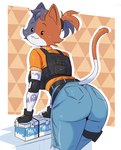 anthro belt big_breasts big_butt bottomwear breasts brown_body brown_fur bulletproof_vest butt butt_focus clothing container denim denim_bottomwear denim_clothing dot_eyes eyebrows female fingerless_gloves fur gloves hair handwear jeans milk_container multicolored_body multicolored_fur pants ponytail side_boob simple_eyes smile solo tactical_gear tattoo thick_thighs white_body white_fur wide_hips silvermaster epic_games fortnite cate_meowdy calico_cat domestic_cat felid feline felis mammal 2025 absurd_res hi_res