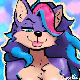 abstract_background anthro bedroom_eyes blep blue_body blue_eyes blue_fur breasts chest_tuft cleavage clothed clothing collarbone countershade_accent countershading female female_anthro fur hair long_hair looking_at_viewer multicolored_body multicolored_fur multicolored_hair narrowed_eyes one_eye_closed outline pink_tongue pose purple_body purple_fur seductive solo tan_body tan_countershading tan_fur text tongue tongue_out tuft wavy_hair wink winking_at_viewer ascella_(artist) ascella canid canine canis mammal wolf 1:1 artist_name bust_portrait colored digital_drawing_(artwork) digital_media_(artwork) hi_res icon portrait signature