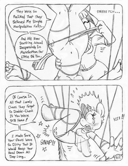 anthro arms_tied bdsm blush blush_lines bodily_fluids bondage bound clothed clothed_anthro clothed_female clothing clothing_pull cutie_mark dialogue dominant dominant_female duo eyelashes female fully_clothed fully_clothed_anthro fully_clothed_female genitals hands_tied hands_wrapped horn horn_jewelry horn_ring inhibitor_ring jewelry legs_tied magic_inhibitor magic_suppression navel onomatopoeia pain panties panty_pull partially_clothed_anthro partially_clothed_female ring_(jewelry) snap sound_effects speech_bubble taunting tears tears_of_pain teasing text translucent translucent_clothing translucent_topwear underwear underwear_pull unicorn_horn vulva wrapped wrapped_arms wrapped_legs wrapped_up circe_(artist) friendship_is_magic hasbro my_little_pony mythology blue_nile_(mlp) rarity_(mlp) earth_pony equid equine horse mammal mythological_creature mythological_equine pony unicorn black_and_white comic english_text monochrome traditional_media_(artwork)