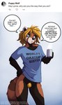 2020 ailurid anthro ask_blog blonde_hair bottomless clothed clothing coffee_mug conditional_dnp digital_media_(artwork) english_text female genitals gradient_background green_eyes hair hi_res jay_naylor lynne mammal pubes pussy red_panda shaded shirt simple_background solo text text_on_clothing text_on_shirt text_on_topwear topwear url