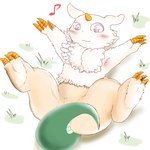 brown_body brown_fur convenient_censorship female feral fur grass green_body green_scales horn musical_note musical_symbol plant scales solo spiral_eyes spread_legs spreading symbol tail tail_censorship white_body white_fur seirei chiikawa anoko avian chimera mammal reptile scalie 1:1