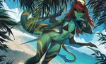 anthro beach bikini black_sclera breasts clothing female green_body green_scales hair horn outside red_hair scales sea seaside smile solo swimwear tail tropical two-piece_swimsuit water yellow_eyes narwhal_iv mythology inkh dragon mythological_creature mythological_scalie scalie wingless_dragon 5:3 absurd_res hi_res