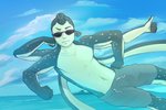 4_arms anthro clothed clothing day eyewear front_view gesture hand_gesture male multi_arm multi_limb outside pose sea sky solo sunglasses swimming_trunks swimwear tentacles thumbs_up water nemurase rubel cephalopod coleoid decapodiform marine mollusk