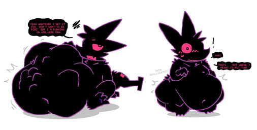 abdominal_bulge after_vore ambiguous_gender annoyed anthro before_and_after belly big_belly black_body black_fur blush exclamation_point fatal_vore fur hand_on_belly huge_belly navel obese open_mouth overweight short simple_background sitting soft_vore solo standing surprised tail text unwilling_prey vore weight_gain pawplants veecee void_fluff 2026 english_text hi_res nonbinary_(lore)