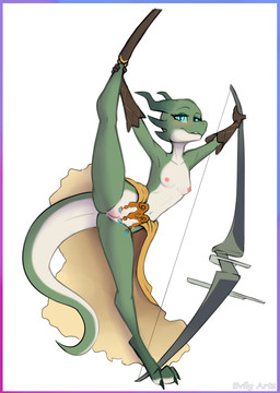 anthro areola blue_eyes blush bow_(weapon) breasts butt butt_from_the_front clothing eyebrows eyelashes female flexible genitals gloves green_body green_scales green_sclera handwear horn looking_at_viewer navel nipples one_leg_up raised_leg ranged_weapon scales small_breasts solo splits spread_legs spreading standing vertical_splits vulva weapon white_body white_scales evilymasterful dez_(definitelyfloof) kobold scalie 2021