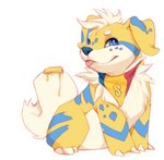 ambiguous_gender blue_body blue_eyes blue_fur blue_nose butter button_ears dairy_products feet feral floppy_ears food fur hair simple_background smile solo toes white_background yellow_body yellow_fur vexstacy nintendo pokemon sunee canid canine generation_1_pokemon growlithe mammal pokemon_(species) 2022 digital_media_(artwork) digital_painting_(artwork) painting_(artwork) nonbinary_(lore)