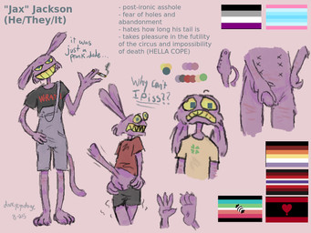 ambiguous_gender anthro bodily_fluids bottomwear bottomwear_down butt cigarette cigarette_in_hand claws clothed clothing dialogue feet genital_fluids lgbt_pride long_tail male motion_lines null null_bulge overalls pants pants_down partially_clothed pride_colors profanity scar shaking shirt smoke soles solo spread_legs spreading tail text text_on_clothing text_on_shirt text_on_topwear topwear trembling urine darkcyndoge 4chan columbine glitch_productions the_amazing_digital_circus jax_(tadc) lagomorph mammal model_sheet