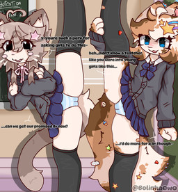 :3 accessory anthro aroused aroused_by_another aroused_face aroused_smile background_text blush bottomwear brown_body brown_fur brown_hair camel_toe clothed clothing clothing_lift dialogue dominant dominant_anthro dominant_female duo embarrased_female embarrassed embarrassed_expression female fluffy fur hair hair_accessory hairpin leg_grab legs_up legwear looking_at_viewer open_mouth panties pose presenting raised_leg school school_nudity school_uniform seducing_another seducing_viewer seductive skirt skirt_lift smile speech_bubble sticker stockings tail tan_body tan_fur text thick_thighs underwear uniform young young_anthro young_female b0inhaowo conditional_dnp bolinha_(b0inhaowo) calico_cat domestic_cat felid feline felis mammal siamese absurd_res digital_media_(artwork) english_text hi_res shaded