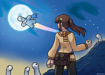accessory ambiguous_gender anthro bag brown_hair fair_skin female flying full_moon gem group hair hair_accessory holding_object moon scarf sky star dynogreeno dyno_(dynogreeno) dinosaur humanoid prehistoric_species reptile scalie hi_res