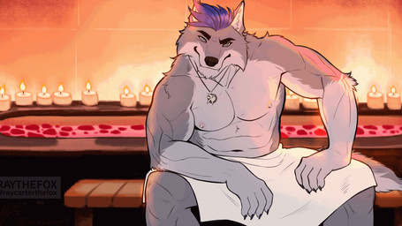 abs anthro areola biceps biped candle eyebrows fangs fur grey_body grey_fur hair jewelry male muscular muscular_anthro navel necklace nipples pecs purple_hair sauna smile solo tail teeth towel towel_only raythefox makani_wolfhandle canid canine canis mammal wolf 16:9 2d_animation animated hi_res widescreen andromorph_(lore)