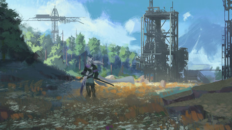 anthro black_bottomwear black_clothing black_pants black_topwear blue_body blue_fur blue_sky bottomwear clothed clothing cloud front_view fur grass green_clothing green_topwear hair long_hair male outside pants plant purple_clothing purple_topwear sky solo standing topwear tree unsigned white_body white_fur white_hair awaldkize canid mammal 16:9 hi_res widescreen