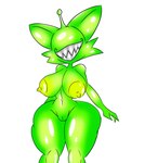 anthro big_breasts breasts claws eyeless fangs female genitals green_body nipples nude open_mouth open_smile pussy simple_background smile solo teeth thick_thighs nsfwtheodore alien domestic_cat felid feline felis mammal hi_res