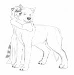 ambiguous_gender anthro claws clothed clothing duo eye_contact feral hug looking_at_another nude one_eye_closed robe simple_background size_difference smile stripes white_background wink zoophilic canid canine canis mammal procyonid raccoon wolf 2014 monochrome sketch