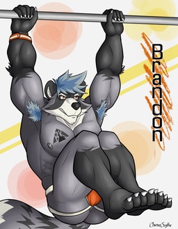 abstract_background anthro armpit_hair blue_armpit_hair bodily_fluids body_hair claws clinging clothing exercise feet hair jockstrap male muscular muscular_anthro muscular_male nipples pecs perineum soles solo sweat tattoo text toe_claws toes underwear workout wristband hetaniel brandon_(rxccoon) mammal procyonid raccoon 2021 absurd_res character_name hi_res