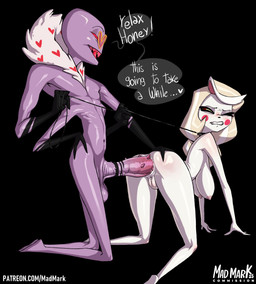 4_arms all_fours anal anal_penetration anthro anthro_penetrating anthro_penetrating_humanoid bald balls big_breasts big_penis black_background black_clothing black_gloves black_handwear black_nose blonde_hair bodily_fluids breasts butt butt_grab clothing dialogue dominant dominant_anthro dominant_male erection eyewear female genital_fluids genitals glistening glistening_butt gloves grey_nipples hair hand_on_butt handwear heart_symbol huge_penis humanoid_on_anthro humanoid_penetrated leash leash_grab leash_pull looking_back male multi_arm multi_limb nipples painful_penetration penetration penis precum purple_balls purple_body purple_penis questionable_consent red_cheeks red_eyes red_penis red_teeth sagging_breasts sex sharp_teeth simple_background slim speech_bubble spiked_penis spikes spikes_(anatomy) submissive submissive_female submissive_humanoid sunglasses teeth text white_body white_hair white_skin yellow_sclera madmark hazbin_hotel hellaverse charlie_morningstar valentino_(hazbin_hotel) demon humanoid english_text hi_res url
