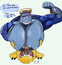 anthro beard big_breasts blush bodily_fluids breastfeeding breasts dialogue double_breastfeeding duo emoji facial_hair huge_breasts hyper hyper_breasts lactating male male/male male_lactation muscular muscular_male nipples one_eye_closed simple_background text whiskers pecckart my_hero_academia selkie_(my_hero_academia) aquatic mammal pinniped seal absurd_res english_text hi_res meme