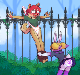anthro assisted_exposure back-print_panties blonde_hair blush bottomwear brown_bottomwear brown_clothing brown_pants clothed clothing clothing_caught colored_edge_panties colored_edge_underwear detailed_background duo embarrassed eyewear fangs female female/female fence fencepost footwear fur glasses green_clothing green_shirt green_topwear hair highlights_(coloring) legwear motion_lines open_mouth panties pants pantsing pattern_bottomwear pattern_clothing pattern_panties pattern_skirt pattern_underwear pawpads plant pleated_skirt public purple_clothing purple_footwear purple_legwear purple_socks purple_stockings red_hair sailor_uniform shirt shrub skirt socks stockings stuck tail tan_body tan_fur teeth tongue topwear underwear uniform upskirt wardrobe_malfunction wedgie bullyableshiba ellie_rinette canid canine canis domestic_dog lagomorph leporid mammal rabbit shiba_inu spitz digital_media_(artwork)