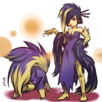 1:1 alternate_species breasts cleavage clothed clothing cosplay dress duo evening_gown female feral generation_4_pokemon hair hitec human humanized long_hair mammal mephitid nintendo pokemon pokemon_(species) purple_clothing purple_dress purple_hair side_slit side_slit_clothing side_slit_dress simple_background skuntank strapless_clothing strapless_dress tail white_background