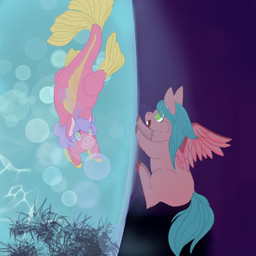 :3 against_surface ambiguous_feral ambiguous_gender blue_hair blue_tail buckteeth contrast duo feathered_wings feathers feral fin green_eyes hair hand_on_glass happy looking_at_another on_glass open_mouth pink_body purple_hair quadruped side_view smile split_screen swimming tail teeth underwater water water_tank wings yellow_fin young young_ambiguous young_feral lemoncurds fluffy_pony mythology aquatic echinoderm echinozoan equid equine fluffy_pony_(species) mammal mythological_creature mythological_equine pegasus sea_urchin seafluff 1:1 2021 digital_media_(artwork) english_description hi_res