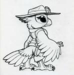 anthro bottomless clothed clothing feathered_wings feathers female hat headgear headwear holster semi-anthro solo standing winged_arms wings petrock disney lilo_and_stitch alien avian bird corvid corvus_(genus) experiment_(lilo_and_stitch) oscine passerine raven black_and_white full-length_portrait hi_res line_art monochrome portrait