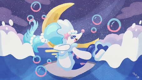ambiguous_gender blue_eyes blue_hair bubble cloud crescent_moon eyelashes fangs feral gem hair looking_at_viewer moon open_mouth pearl_(gem) sea sky solo split_form star starfish_(accessory) starry_sky tail teeth tongue water white_body ririkodraw nintendo pokemon aquatic asterozoan echinoderm generation_7_pokemon pokemon_(species) primarina starfish 16:9 2026 hi_res signature widescreen