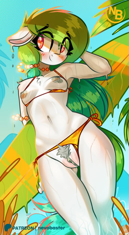 anthro areola bikini bikini_bottom bikini_top blush breasts clothed clothing eyebrows female genitals green_hair hair nipples outside pubes red_eyes smile solo surfboard swimwear two-piece_swimsuit vulva water wet nevobaster equid equine horse mammal pony 2026 absurd_res digital_media_(artwork) hi_res