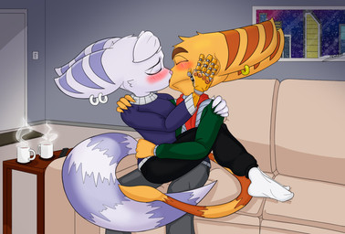 anthro blush bottomwear breasts brown_nose clothed clothed_female clothed_male clothing coffee_cup container cup cybernetic_arm cybernetic_limb duo ear_piercing ear_ring eyes_closed female fluffy fluffy_tail footwear fur furniture hair kissing male male/female markings pants piercing pink_nose ring_(marking) ring_piercing ringed_tail socks sofa striped_markings striped_tail stripes sweatshirt tail tail_markings tail_tuft thin_tail tuft white_body white_fur white_hair yellow_body yellow_fur maximuseditor ratchet_and_clank sony_corporation sony_interactive_entertainment ratchet_(ratchet_and_clank) rivet_(ratchet_and_clank) lombax mammal hi_res